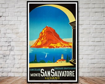 Monte San Salvatore, Lugano Switzerland Travel Poster, INSTANT DOWNLOAD, retro travel digital print, swiss mountain poster, 11x17. 12x18