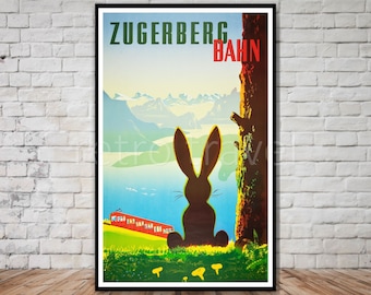 Zugerberg Bahn Suiza Cartel de viaje, DESCARGA INSTANTE, cartel de conejo, cartel del ferrocarril zugerberg, impresión digital de viaje retro, 11x17 12x18