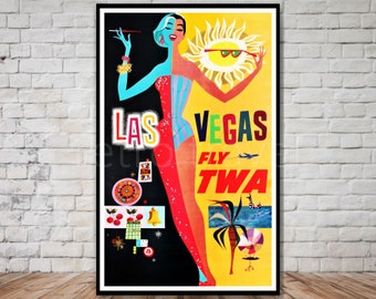 May include: A vintage travel poster advertising a trip to Las Vegas. The poster features a woman in a blue and white striped swimsuit, a sun with sunglasses, and the text "Las Vegas Fly TWA".