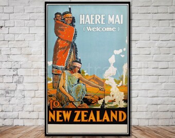 Haere Mai, Welcome to New Zealand Travel Poster, INSTANT DOWNLOAD, retro travel digital print, printable poster download, new zealand poster