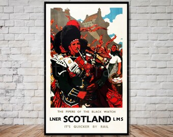 Scotland Travel Poster, pipers of the black watch, INSTANT DOWNLOAD, scotland vintage travel poster download, printable scotland poster