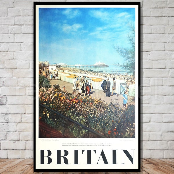 Vintage Britain Travel Poster, Eastbourne Sussex Sea Front, INSTANT DOWNLOAD, retro travel download, english seaside, british travel poster