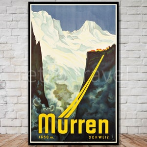 Pôster de viagem de Mürren Suíça, DOWNLOAD INSTANTÂNEO, elevação de 1650 m de murren schweiz, impressão digital de viagem retrô, pôster de montanhas suíças