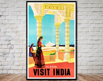 India Travel Poster, Visit India, Taj Mahal, INSTANT DOWNLOAD, travel poster download, downloadable wall art, retro travel digital print