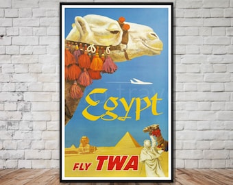 Egypte Travel Poster, Fly TWA luchtvaartmaatschappijen, INSTANT DOWNLOAD, retro reizen digitale print, vintage egypte poster download, Egyptische reis poster