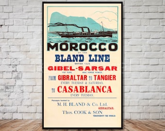 Morocco Travel Poster, INSTANT DOWNLOAD, Bland Line, Gibraltar to Tangier & Casablanca, retro travel digital print, printable poster