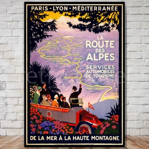 La Routes Des Alpes, Cartel de turismo de automóviles francés vintage, DESCARGA INSTANTE, descarga de carteles de viajes de Francia imprimibles, arte del automóvil
