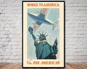Pan American Airways Poster, &quot;Wings to America&quot;, INSTANT DOWNLOAD, statue of liberty poster, pan american airlines printable poster download