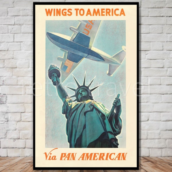 Affiche de Pan American Airways, "Wings to America", TÉLÉCHARGEMENT INSTANTANÉ, affiche de la statue de la liberté, téléchargement de l'affiche imprimable des compagnies aériennes panaméricaines