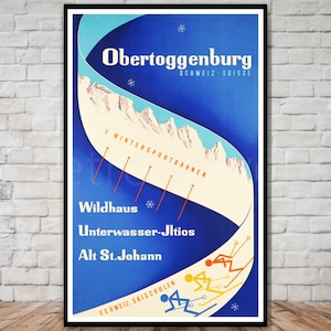 Obertoggenburg Suiza Cartel de esquí, DESCARGA INSTANTE, vintage swiss ski travel poster download, prntable cartel de esquí suizo, 11x17, 12x18