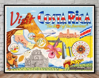 Costa Rica vintage reisposter, retro kunst aan de muur (direct downloaden)