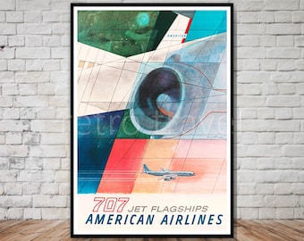 Vintage American Airlines Poster Download, 707 Jet Flagships, INSTANT DOWNLOAD, retro airline poster download, printable airplane wall art
