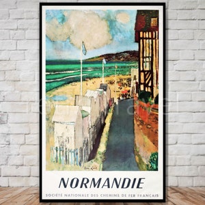 Cartel de viaje de Normandía Francia, DESCARGA INSTANTE, cartel de viaje en la playa, cartel de viaje francés vintage, impresión digital de viajes retro, 11x17. 12x18
