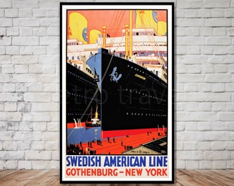 Sweden Travel Poster, Swedish American Line, Gothernburg to New York, INSTANT DOWNLOAD, travel poster download, retro travel digital print