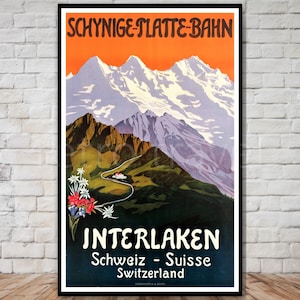 Cartaz de viagem suíço, Schynige Platte Mountain Railway Interlaken, DOWNLOAD INSTANTÂNEO, cartaz de viagem suisse baixar impressão digital de viagem retrô