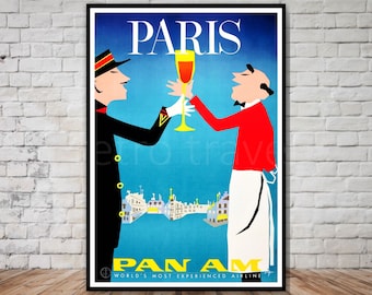 Vintage Paris Travel Poster download, Pan Am travel poster, INSTANT DOWNLOAD, retro travel printable poster, french wine poster, paris print