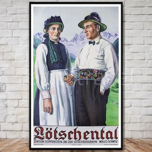 Lotschental Switzerland Travel Poster, INSTANT DOWNLOAD, retro travel digital print, printable switzerland poster download, swiss folk art