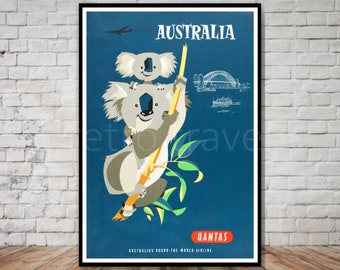 Australia Travel Poster, Qantas Airlines Poster, INSTANT DOWNLOAD, vintage australia koala poster download, printable travel poster download
