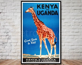 Kenya & Uganda Travel Poster, INSTANT DOWNLOAD, travel poster download, downloadable wall art, giraffe print, retro travel digital print