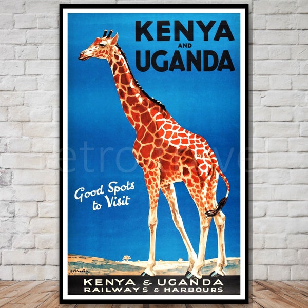 Kenya & Uganda Travel Poster, INSTANT DOWNLOAD, travel poster download, downloadable wall art, giraffe print, retro travel digital print