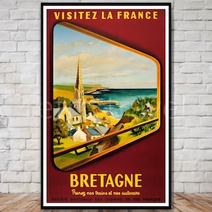 Visite o pôster da França, pôster de viagens da Bretanha França, DOWNLOAD INSTANTÂNEO, impressão digital de viagens retrô, pôster de viagens vintage, download de arte de parede