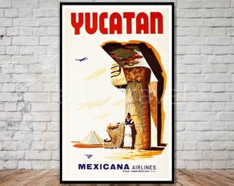 Yucatan Mexico Travel Poster, INSTANT DOWNLOAD, retro travel digital print, mexican airlines printable poster, wall art
