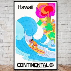 Hawaii Travel Poster, Continental Airlines, INSTANT DOWNLOAD, Vintage Surfer Poster, Surf poster druckbar, Retro Reise Digitaldruck