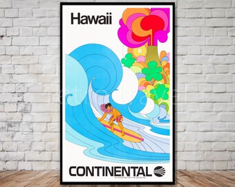 Hawaii Travel Poster, Continental Airlines, INSTANT DOWNLOAD, vintage surfer poster, surfing poster printable, retro travel digital print