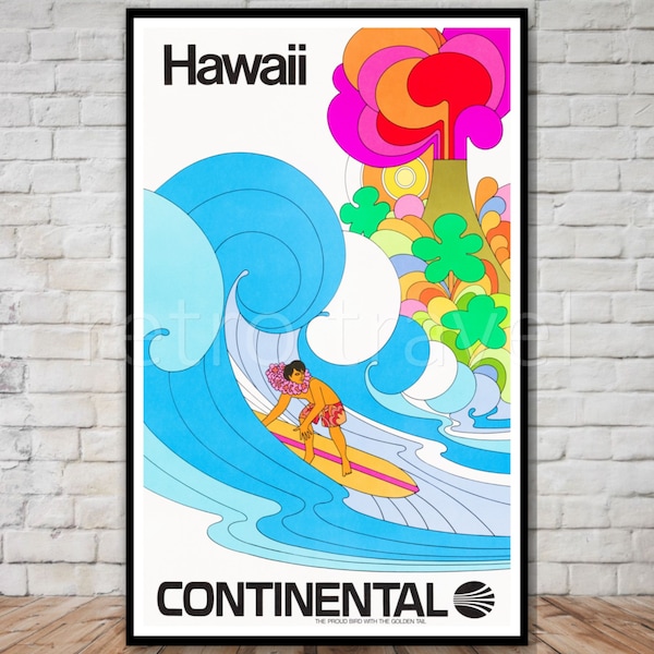 Hawaii Travel Poster, Continental Airlines, INSTANT DOWNLOAD, vintage surfer poster, surfing poster printable, retro travel digital print