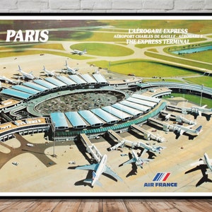 Cartel de viaje de París, aeropuerto Charles de Gaulle, descarga instantánea, descarga de carteles de viaje, arte de pared descargable, impresión digital de viaje retro
