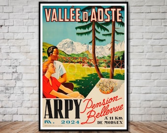 Plakat podróżniczy Dolina Aosty we Włoszech, Vallee d'Aoste, NATYCHMIASTOWE POBIERANIE, włoskie Alpy, plakat do pobrania, cyfrowy wydruk retro podróży