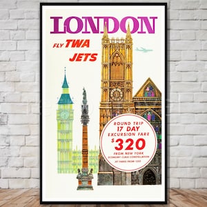 London Travel Poster, Fly TWA Jets New York to London, INSTANT DOWNLOAD, retro travel digital print, printable poster, london wall art