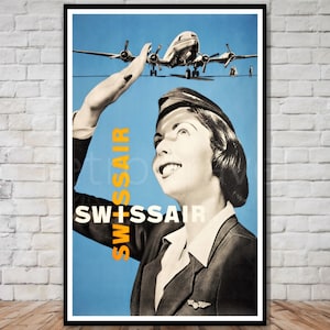 Vintage SWISSAIR Stewardess Travel Poster, INSTANT DOWNLOAD, retro travel digital print, swiss air printable poster, stewardess wall art