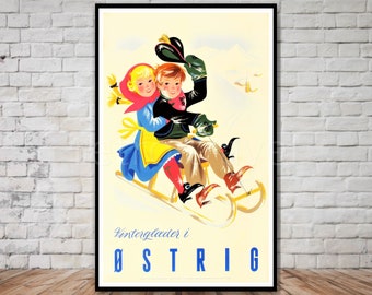 Austria Travel Poster, winter in austria, INSTANT DOWNLOAD, retro travel digital print, printable poster, children sledding wall art