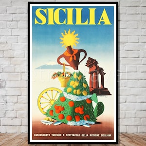 Cartel de Sicilia, cartel de viaje de Sicilia, descarga instantánea, impresión digital de viaje retro, cartel imprimible, cartel vintage sicily, viajes italianos