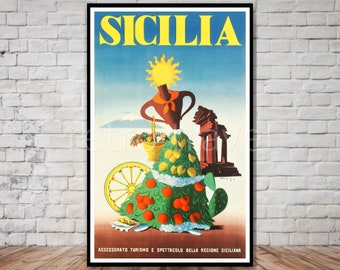 Sizilien Reise Poster, Retro italienisch Druck (digitaler Download)