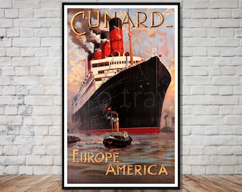 Cunard Europe America Travel Poster, ocean liner poster, INSTANT DOWNLOAD, retro travel digital print, printable poster, shipping poster