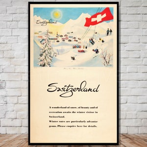 Invierno en Suiza Cartel de viaje, DESCARGA INSTANTE, descarga de cartel de esquí vintage, impresión digital de viaje retro, decoración de esquí suiza