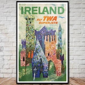 Ireland Travel Poster download, Fly TWA superjets, INSTANT DOWNLOAD, printable travel poster, vintage ireland poster, retro ireland wall art