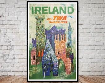 Irlanda Viajes Poster descarga, Fly TWA superjets, DESCARGA INSTANTÁNEA, cartel de viaje imprimible, cartel de Irlanda vintage, retro ireland arte de pared