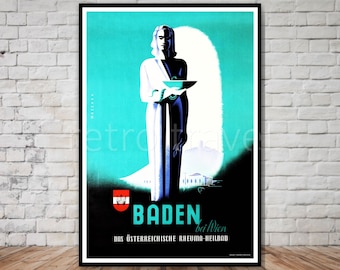 Baden Austria Plakat podróżniczy, NATYCHMIASTOWE POBIERANIE, uzdrowisko Baden w pobliżu Wiednia, wydruk podróżny w stylu art deco, plakat vintage austria do pobrania, 12x18
