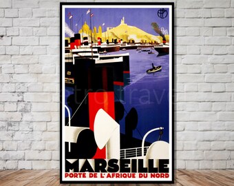 Marsylia do Afryki Północnej, plakat podróży oceanicznym statkiem, NATYCHMIASTOWE POBIERANIE, plakat podróży w stylu art deco, plakat linii rejsowej, plakat podróży do wydrukowania