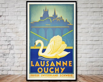 Cartel de viaje del cisne de Lausana Ouchy Suiza (impresión digital)