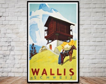 Wallis (Valais) Suisse Affiche de voyage, TÉLÉCHARGEMENT INSTANTANÉ, Wallis Schweiz, téléchargement d’affiche suisse allemande, art mural d’affiche de voyage imprimable