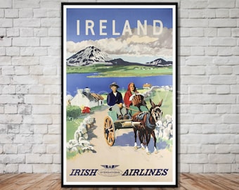 Cartel de viaje de Irlanda, cartel de Irish Airlines, descarga instantánea, impresión digital de viajes retro, descarga de póster imprimible de Irlanda vintage