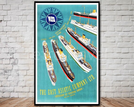 Copenhagen Cruise Ships Retro Travel Poster, East Asiatic Company (Digital Download)