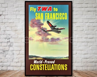 Download de pôster de viagem da TWA, Fly TWA para São Francisco, download instantâneo, pôster de viagem de São Francisco, pôster de viagem aérea, avião vintage