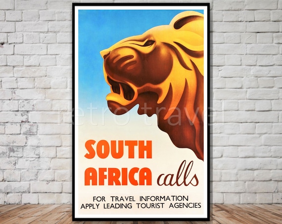 South Africa Travel Poster, INSTANT DOWNLOAD, printable travel poster download, retro travel digital print, african lion print, lion poster