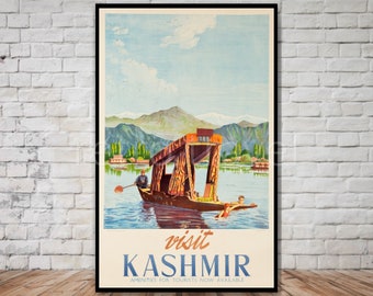 Kashmir Travel Poster, boat scene, INSTANT DOWNLOAD, retro travel digital print, vintage kahsmir poster, kashmir boat wall art download