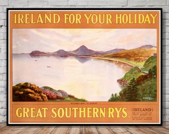 Ireland Travel Poster download, Killiney Bay, County Dublin, INSTANT DOWNLOAD, great southern railways printable poster download